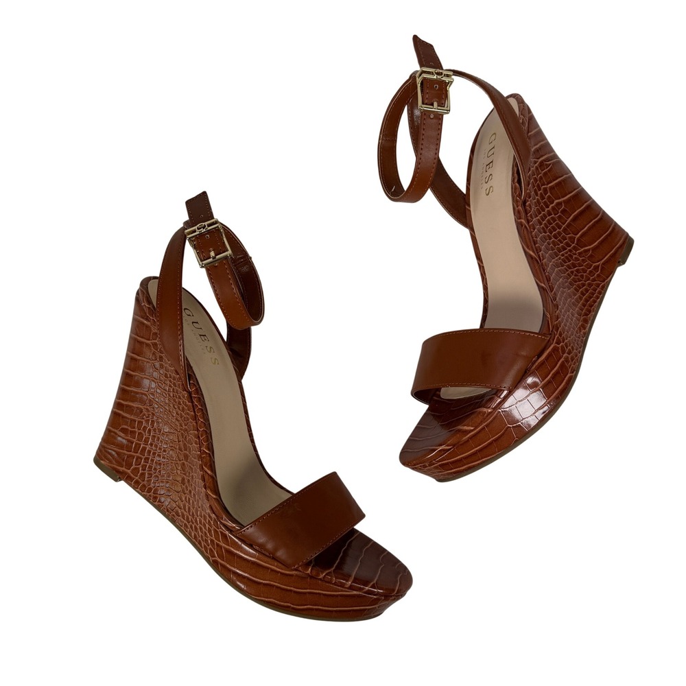 Guess Tales  Wedge Sandals Womens 9 Cognac Brown Croc Embossed Platform Open Toe